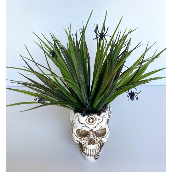 Skull Halloween Decor Plant with Spiders - Skeleton Planter with Faux Plant - Picture 2 of 7